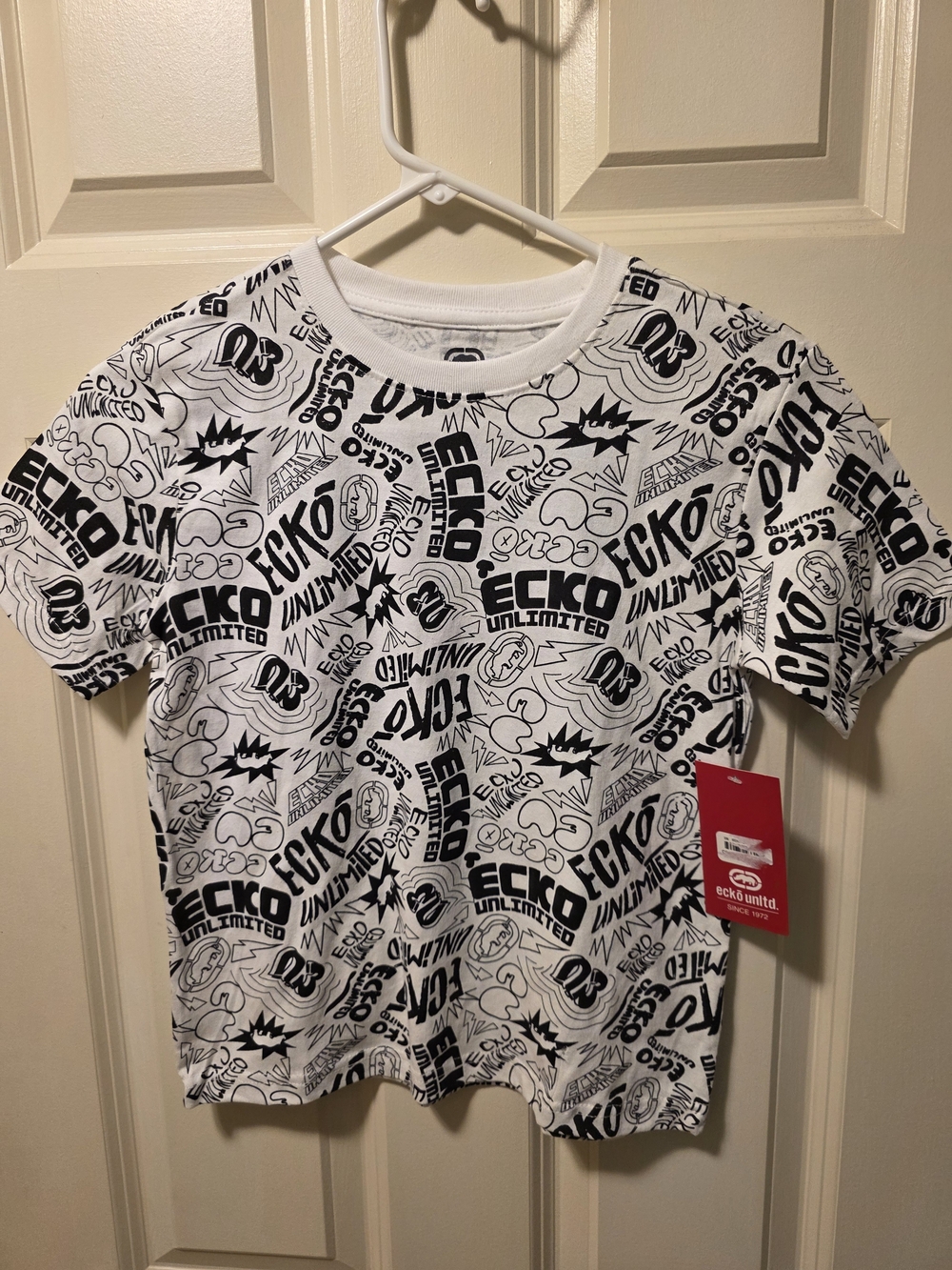 Ecko Unlimited White Tee with Black All-Over Logo Print